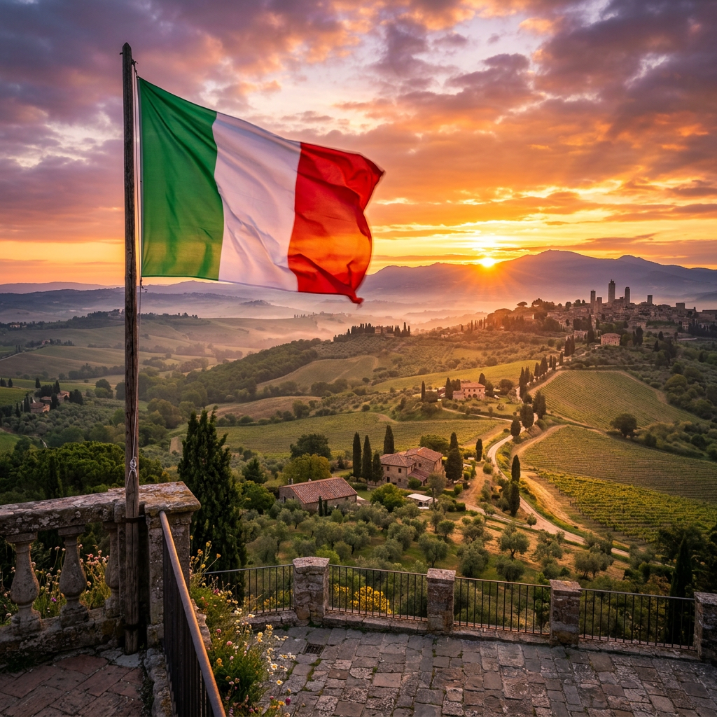 Italian flag waving with Tuscan hills and sunset in background